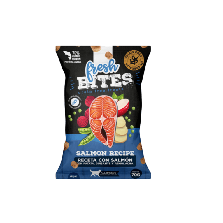 Snack Adiestramiento Salmón Grain Free Bites 70g. Bocados sin cereales de salmón y patatas para adiestrar.