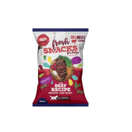 Snack Perro Buey Semihúmedo Fresh. Bolsa morada de snacks con 70% de carne y receta de buey.