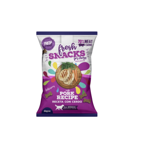 Snack Perro Cerdo Semihúmedo Fresh. Bolsa morada de snacks con 70% carne de cerdo y zanahoria.