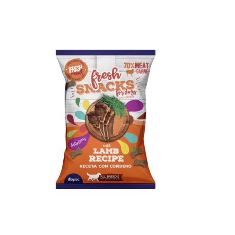 Snack Perro Cordero Semihúmedo Fresh. Bolsa naranja de snacks con 70% carne y receta de cordero.