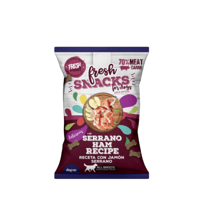 Snack Perro Jamón Semihúmedo Fresh. Bolsa de snacks con 70% de carne, receta de jamón y manzana.