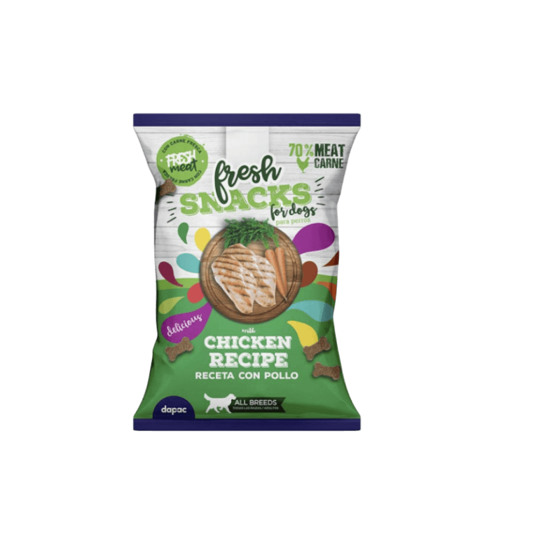 Snack Perro Pollo Semihúmedo Fresh. Bolsa de snacks con receta de pollo y zanahoria.