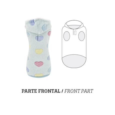 Características: Suavidad y calidez: Fabricada con materiales suaves y acogedores, la sudadera Didi proporciona una sensación de confort óptima, manteniendo a tu perro caliente en los días más fríos. Diseño adorable: El color verde agua y los corazones de colores pastel le dan un toque tierno y encantador, perfecto para paseos y fotos. Ajuste perfecto: Gracias a su diseño adaptable, con ojal para la correa y elástico en la cola, la sudadera se ajusta perfectamente al cuerpo de tu perro, garantizando total libertad de movimiento. Materiales de alta calidad: Los tejidos utilizados son resistentes y duraderos, asegurando una larga vida útil de la sudadera. Fácil de cuidar: Se puede lavar a máquina para mantenerla siempre limpia y fresca.