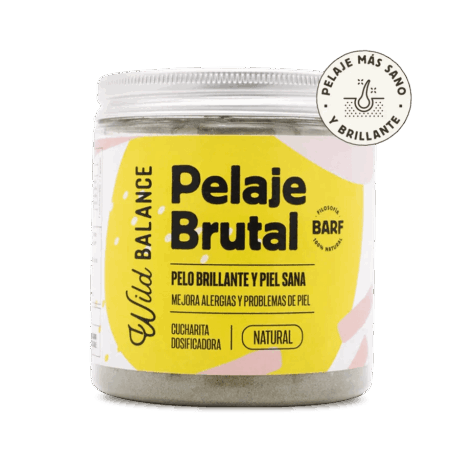 Bote de Suplemento Piel Pelo Perro Wild Balance Pelaje Brutal 100g para perros y gatos.